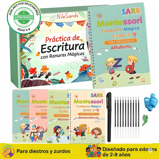 Kit Mente Brillante 4 en 1— Cuaderno Reutilizable "Mejora la Letra de tu Hijo en 30 Días"